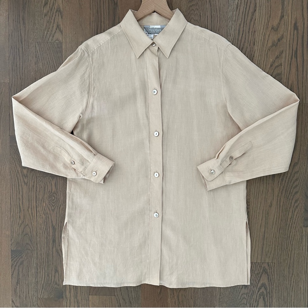 Max Mara 100% Linen Button Front Long Sleeve Classic Blouse Tan US 12 / Large